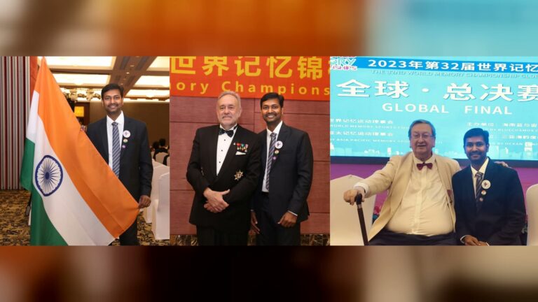 Dr. P. Srinivas Kumar with the Indian flag and Raymond Keene at the 32nd World Memory Championship, Sanya 2023