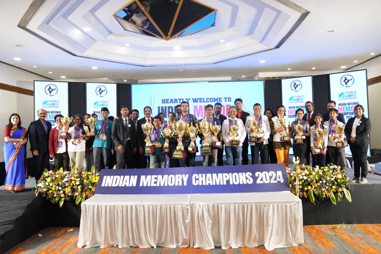 Indian Memory Champions 2024 with their trophies at the 15th Indian National Open Memory Championship, Hyderabad