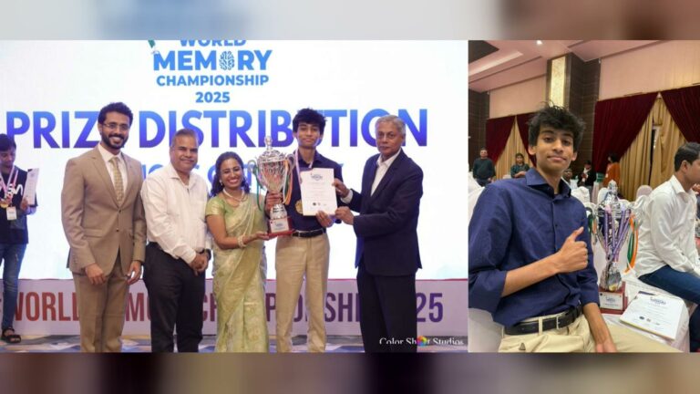 Dhruv Meher Thogarchedu receiving the Junior World Champion trophy at the 2025 World Memory Championship in Mumbai