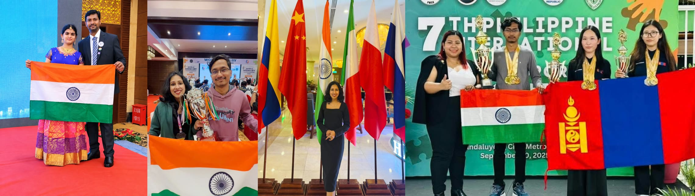 Indian memory athletes with the Indian flag at international memory championships