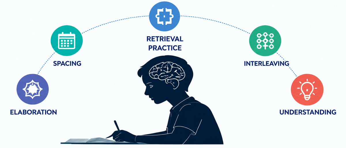 A student studying, with retrieval practice, spacing, elaboration, interleaving and understanding shown as connected learning strategies
