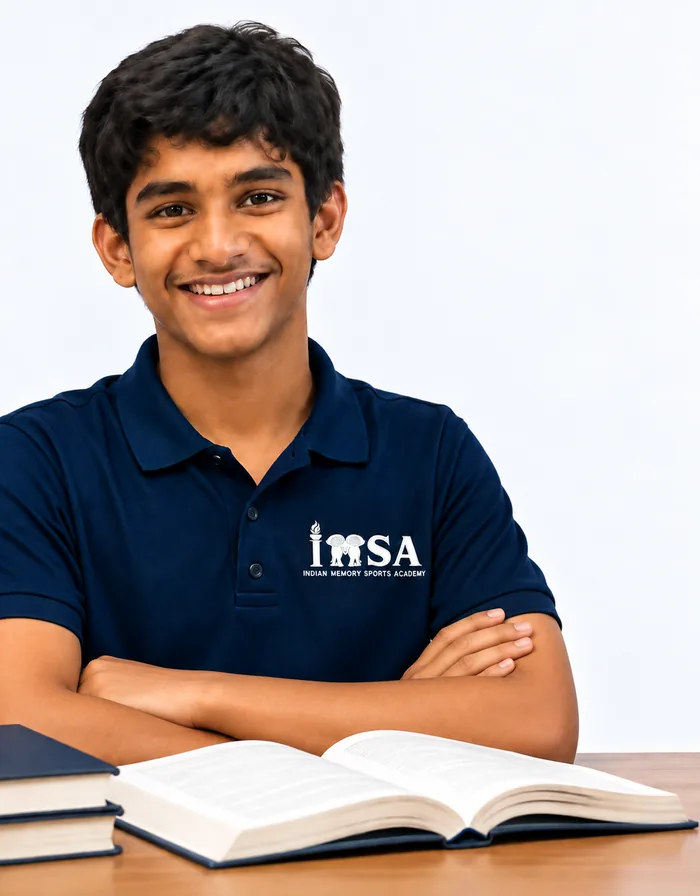 Smiling student in an IMSA polo with arms folded beside open books