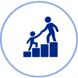 One figure helping another up a set of steps, representing building the next generation