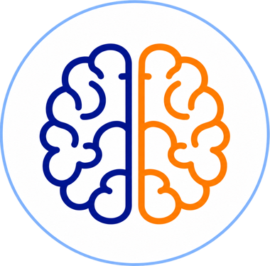 Brain split into a navy left half and an orange right half