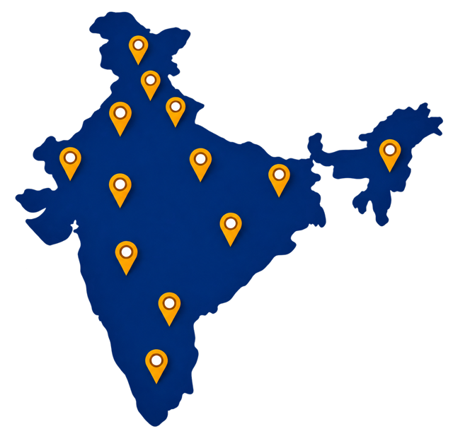 Map of India marked with locations reached by the Indian Memory Sports Academy