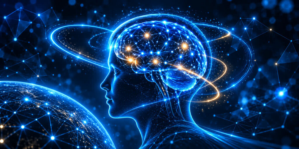 Human head with a glowing brain network, representing memory training
