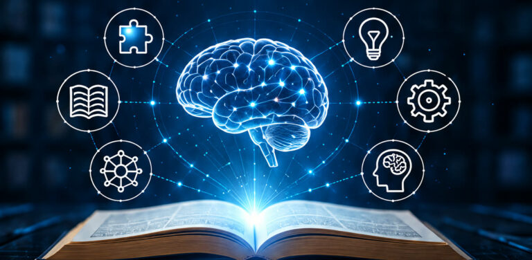 A brain over an open book, surrounded by icons for learning, ideas, structure and understanding