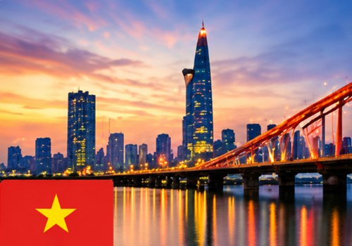 Vietnam landmark with the national flag