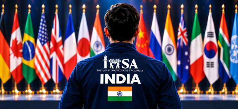 Indian memory athlete in an IMSA India jacket standing before the flags of competing nations