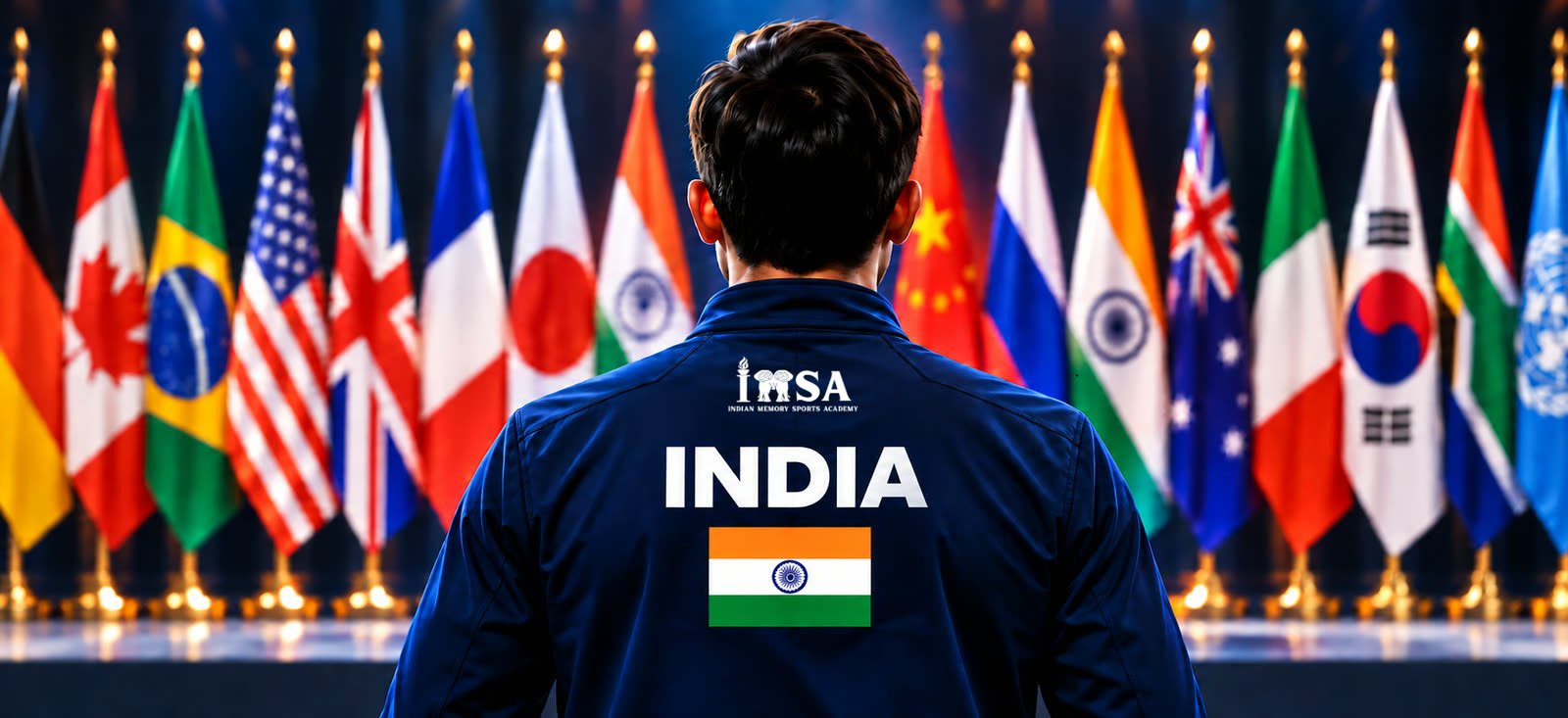 Indian memory athlete in an IMSA India jacket facing the flags of competing nations