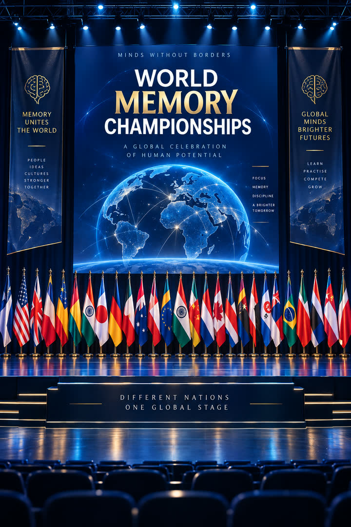 World Memory Championships stage with the flags of many nations: Different Nations, One Global Stage