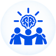 Three people arm in arm under a brain, for Meet Like-Minded People