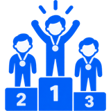 Three athletes on a winners podium, for Compete